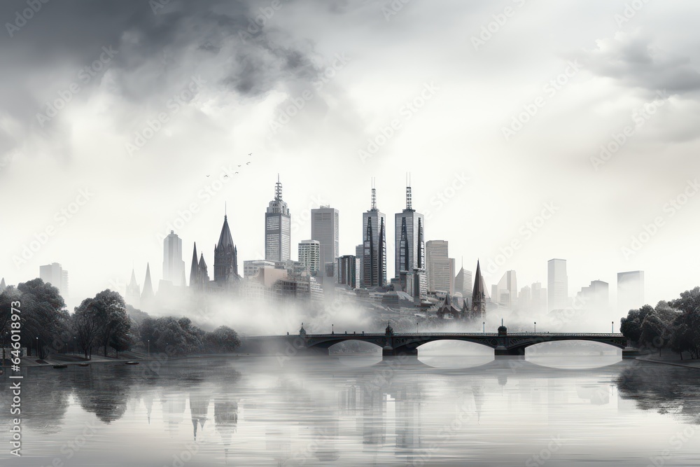 Panoramic view of Urban City skyline in a fog.