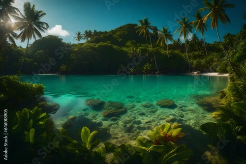 A tranquil, sun-drenched tropical island, with a hidden lagoon - AI Generative