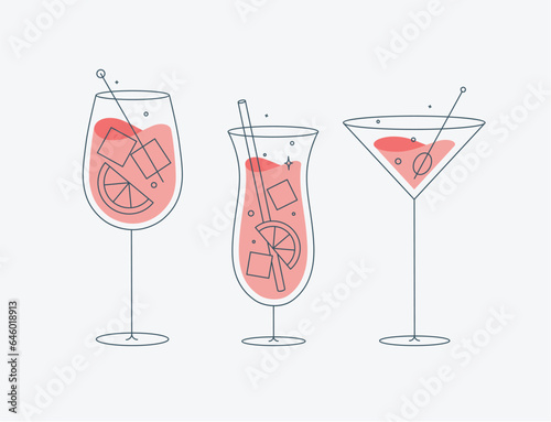 Obraz na płótnie Cocktail glasses spritz pina colada cosmopolitan drawing in flat line style w salonie