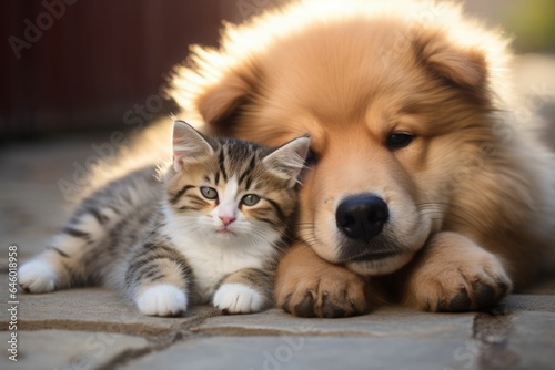 Cute puppy and kitten lie together. AI generative