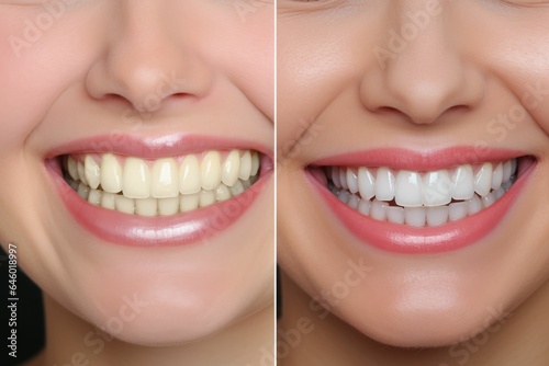 Woman s teeth before and after whitening. Smile close up. AI generative