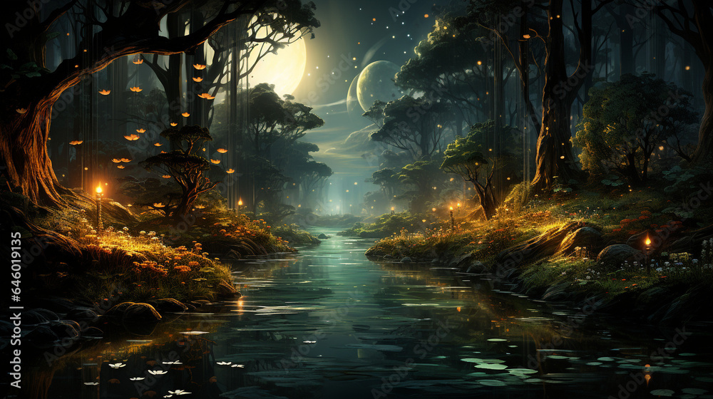 enchanted woodland mysterious fog fireflies
