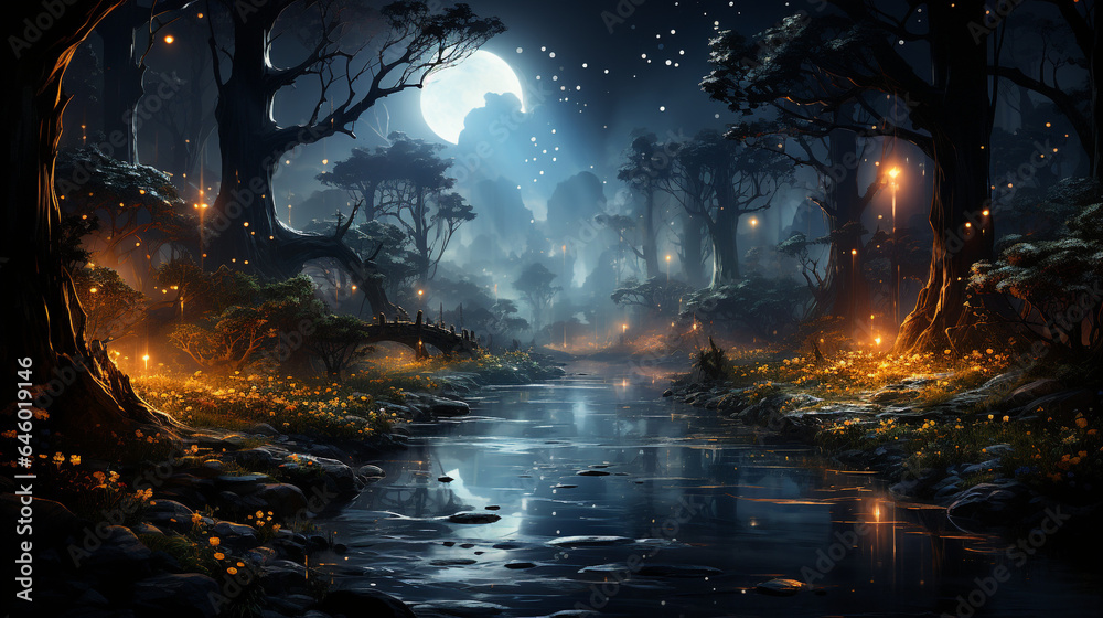 enchanted woodland mysterious fog fireflies