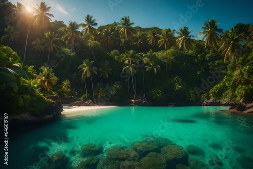 A tranquil  sun-drenched tropical island  with a hidden lagoon - AI Generative