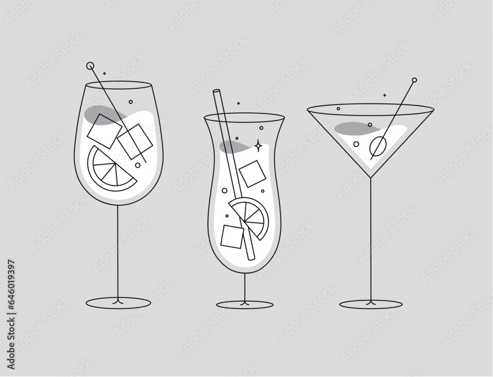 Cocktail glasses spritz pina colada cosmopolitan drawing in flat line style on grey background