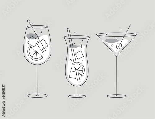 Obraz na płótnie Cocktail glasses spritz pina colada cosmopolitan drawing in flat line style on grey background w salonie