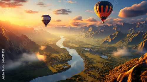hot air balloons over valley sunrise