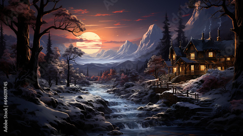 magical hot springs surrounded by snow twilight