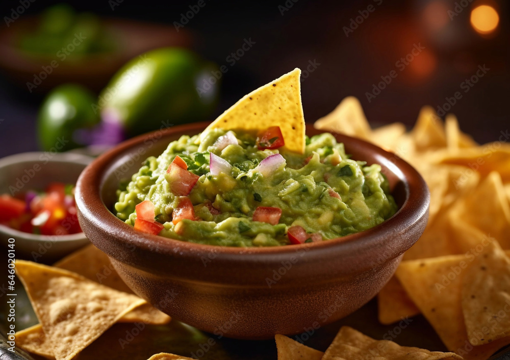 Guacamole avocado dip with corn nachos on dark background.Macro.AI Generative Guacamole avocado dip with corn nachos on dark background.Macro.AI Generative