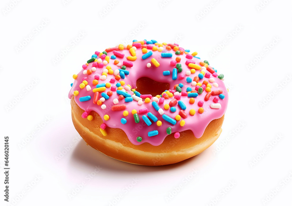 Pink glazed sweet donut with colorful sprinkles on white background.Macro.AI Generative Pink glazed sweet donut with colorful sprinkles on white background.Macro.AI Generative