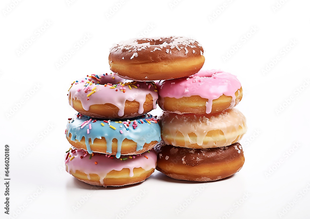 Round donuts pastry with colorful glazing on white background.Macro.AI Generative