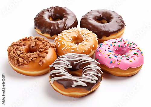 Caramel,chocolate and caramel glazing donuts on white background.Macro.AI Generative