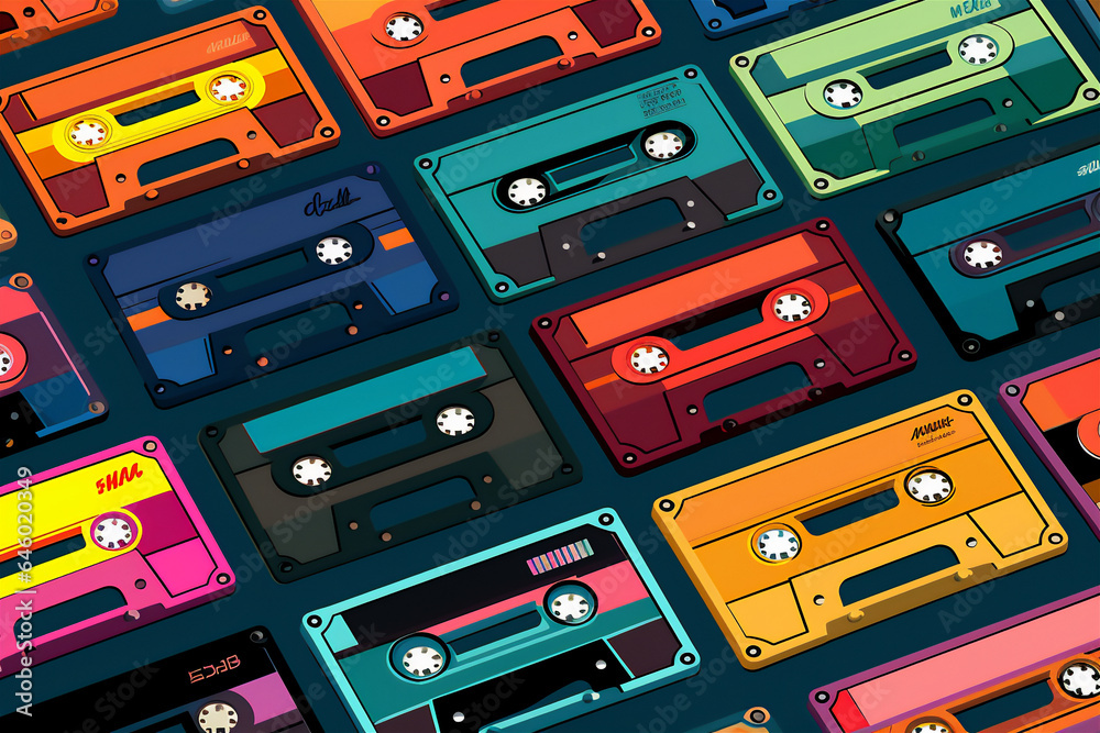 Set of old audio cassettes on red background Set of old audio cassettes on red background