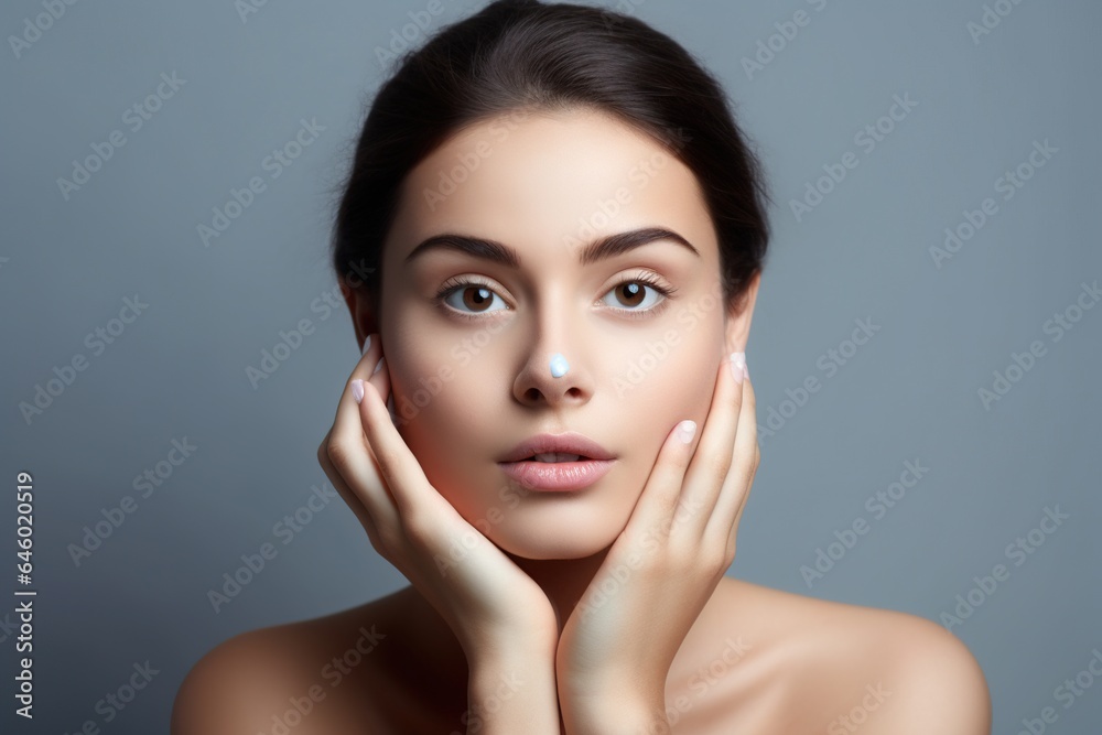 Generative ai, Beautiful young woman applying cosmetic cream treatment on her face isolated on background . Girl with clean fresh skin Generative ai, Beautiful young woman applying cosmetic cream treatment on her face isolated on background . Girl with clean fresh skin