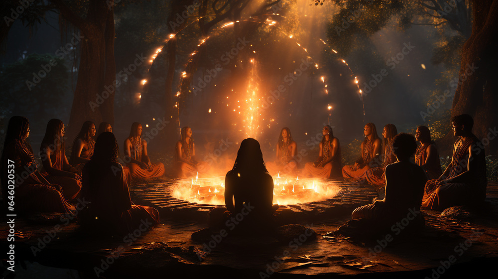 shamanic drumming circle ethereal spirits - obrazy, fototapety, plakaty 