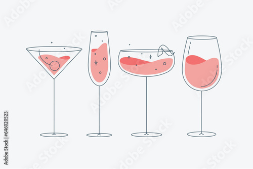 Cocktail glasses manhattan champagne wine daiquiri drawing in flat line style