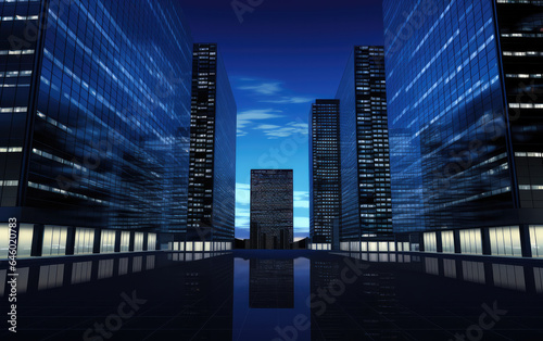 Nighttime Reflections: Spectacular Modern Office Building in the City Lights