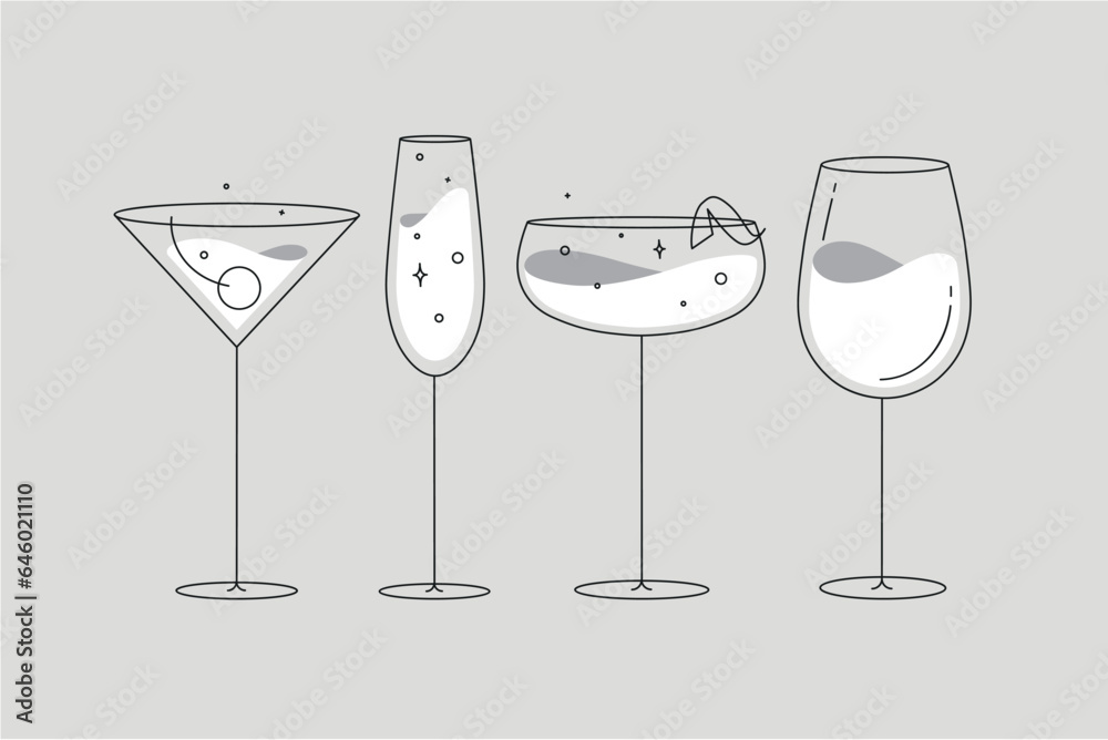 Cocktail glasses manhattan champagne wine daiquiri drawing in flat line style on grey background