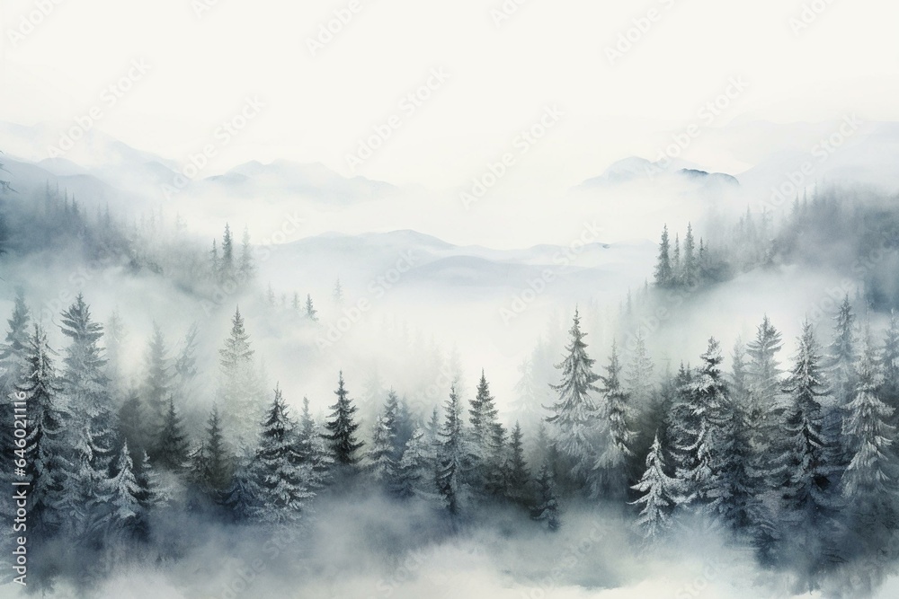 Misty winter forest with pine trees, panoramic background. Generative AI