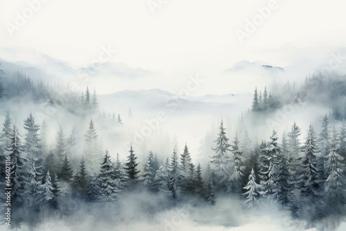 Misty winter forest with pine trees, panoramic background. Generative AI
