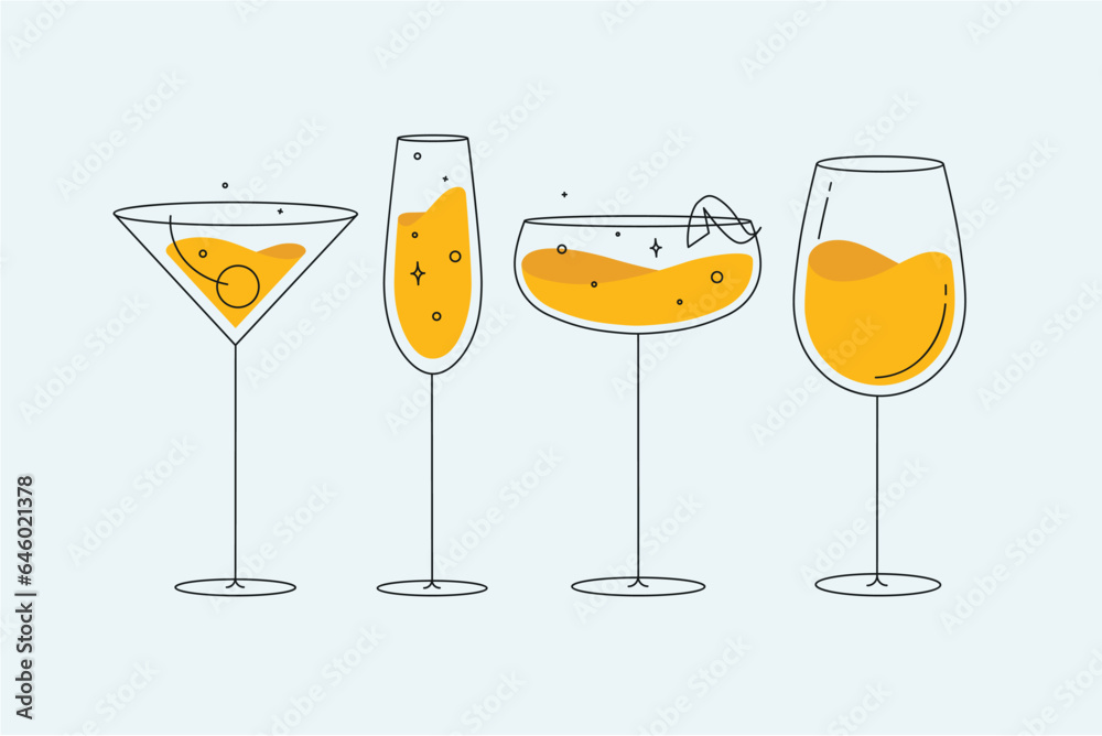 Cocktail glasses manhattan champagne wine daiquiri drawing in flat line style on light background