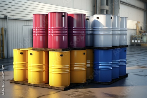 Metal barrels for chemical storage in a warehouse system. Barrel keyword: Chemistry, Industry, Storage, Petroleum, 200 liters, Oil, 3D image. Generative AI