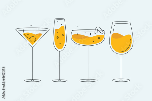 Obraz na płótnie Cocktail glasses manhattan champagne wine daiquiri drawing in flat line style on light background w salonie