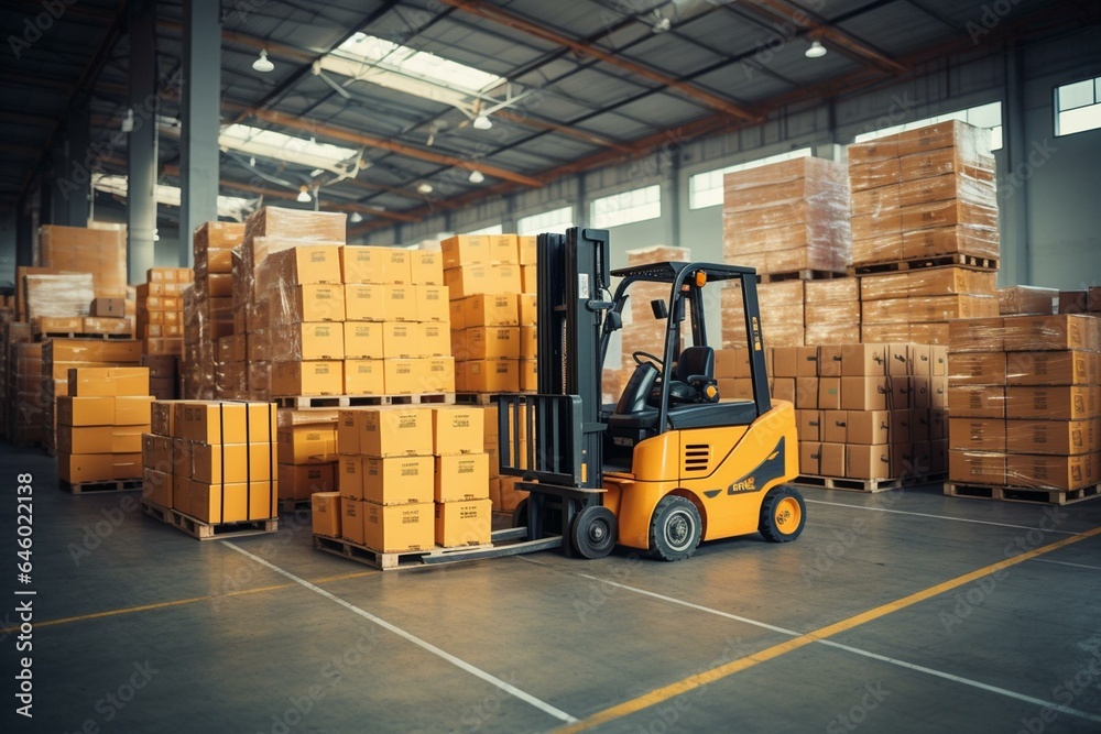 Forklift moves and organizes big cartons in depot. Generative AI