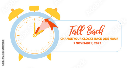 Fall Back Banner. Daylight Saving Time ends concept. Alarm clocks change back one hour at november 5. Banner reminder. Vector illustration