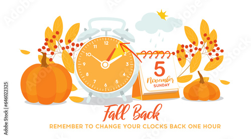 Daylight saving time ends 5 november, sunday. Fall Back banner. Alarm clock and calendar date. Fall Back vector illustration with changing clocks and reminder text set clock back one hour