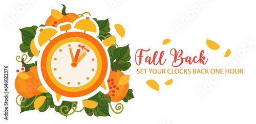 Fall back time concept banner. Clock on the fall background with pumpkins and autumn leaves. The handles of clock turn back on hour. Daylight saving time ends reminder. Vector illustration