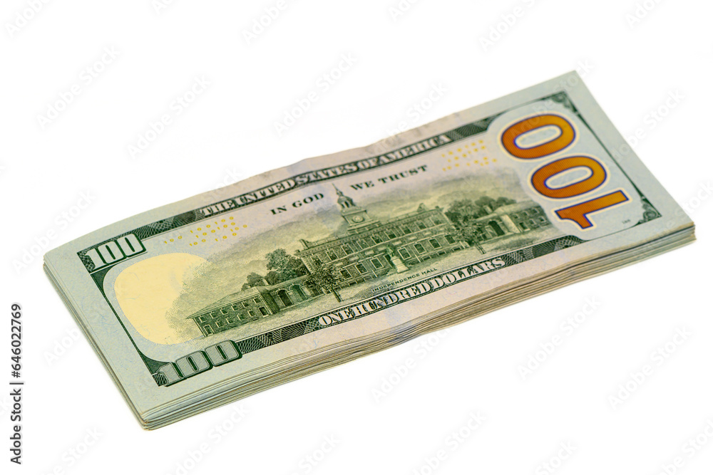 a pack of American dollars in 100 bills on a white background, studio shooting 9 a pack of American dollars in 100 bills on a white background, studio shooting 9