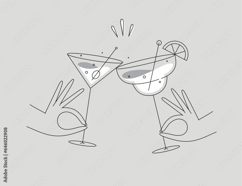 Hand holding margarita and manhattan cocktails clinking glasses drawing in flat line style on grey background