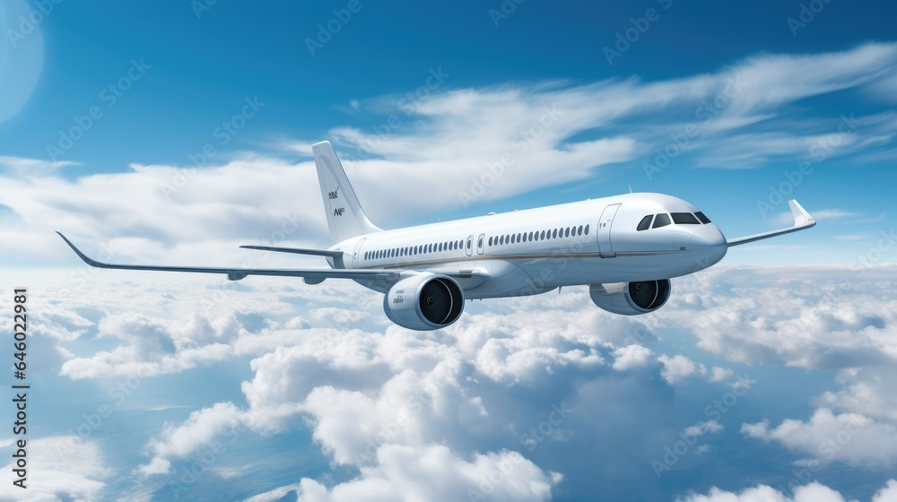 Commercial Aircraft Taking Off into the Vast Blue Sky. Ascending Above the Runway, Clouds Below. Airliner Embarking on a Flight. Symbol of Air Travel, Aviation Industry and Transportation