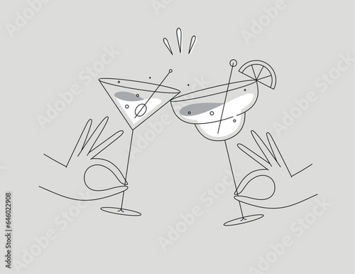 Obraz na płótnie Hand holding margarita and manhattan cocktails clinking glasses drawing in flat line style on grey background w salonie