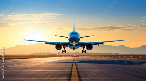 Commercial Plane Taking Off into the Clear Blue Sky. Bright Sunlight Reflecting off Metallic Body. Aviation and Travel Concept. Airliner Departing from Runway, Airport in the Background