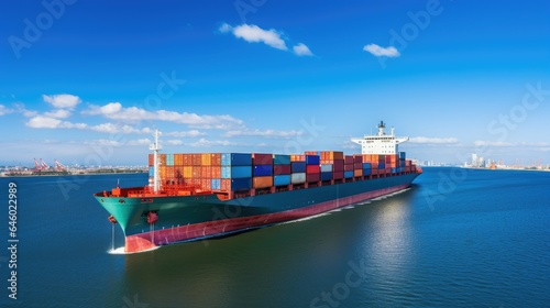 A sturdy cargo ship sails through calm blue waters under a clear sky. Shipping containers line the deck, symbolizing transportation and logistics in the maritime industry.