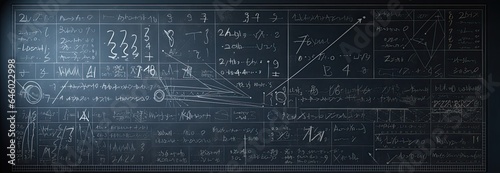 Blackboard with scientific formulas and calculations in physics and mathematics. Science and education background. photo