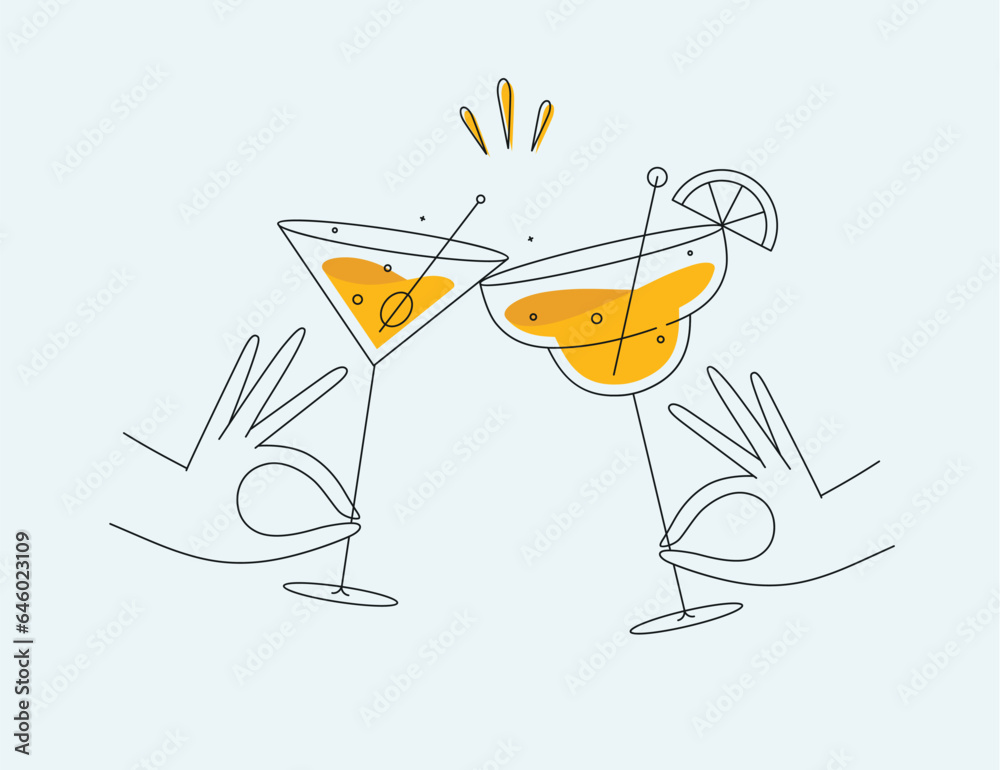 Hand holding margarita and manhattan cocktails clinking glasses drawing in flat line style on light background