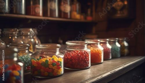 A sweet candy jar collection in a row on shelf generated by AI