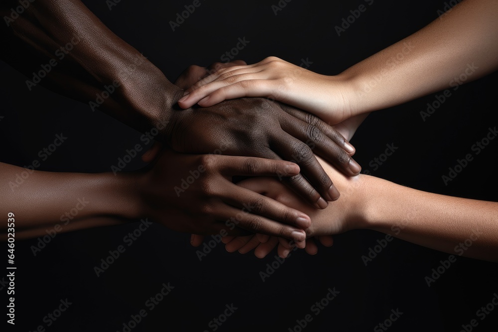 A group of multiethnic people stacking hands as concept of diversity, equality and unity. Diverse community concept.
