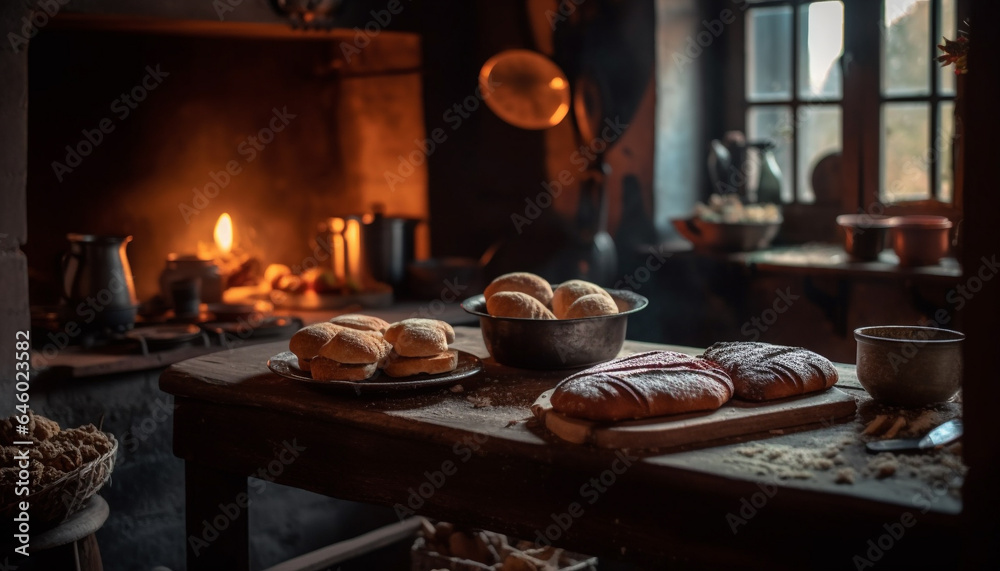 Rustic homemade bread baked with organic flour and natural heat generated by AI Rustic homemade bread baked with organic flour and natural heat generated by AI
