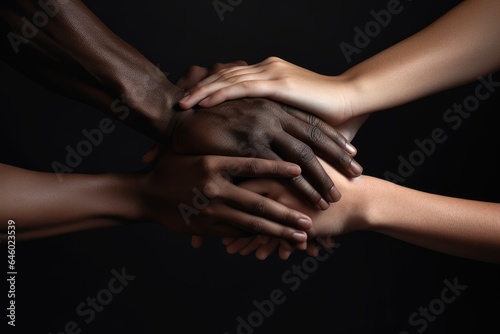 A group of multiethnic people stacking hands as concept of diversity  equality and unity. Diverse community concept.