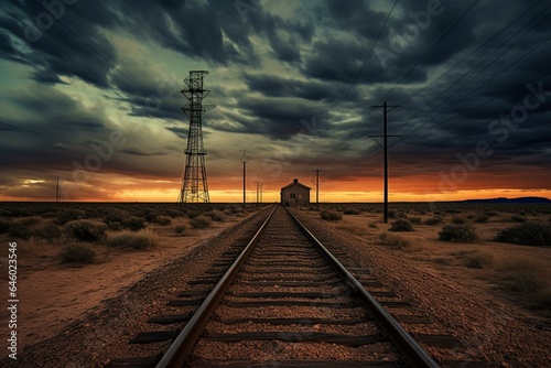 Train track desert dark sky telephone pole tower. Generative AI