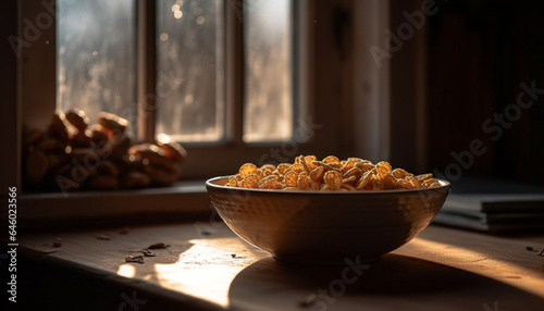 Ripe vegetable snack on rustic plate in old farmhouse kitchen generated by AI