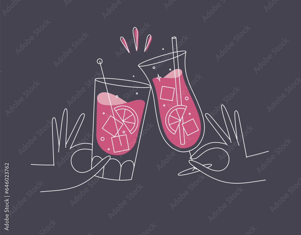 Hand holding pina colada and cuba libre cocktails clinking glasses drawing in flat line style on dark blue background