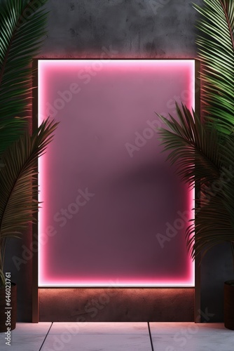 Empty mockup frame with pink neon light and tropical leaves. Elegant background design.