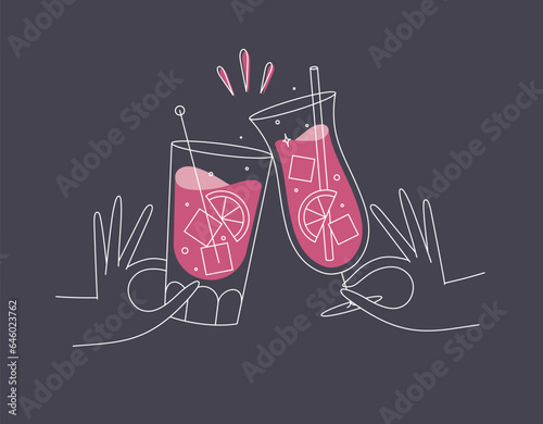 Obraz na płótnie Hand holding pina colada and cuba libre cocktails clinking glasses drawing in flat line style on dark blue background w salonie