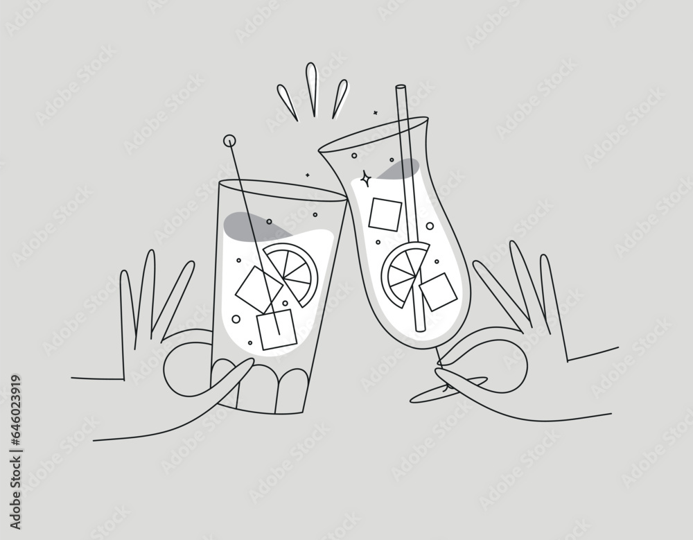 Hand holding pina colada and cuba libre cocktails clinking glasses drawing in flat line style on grey background