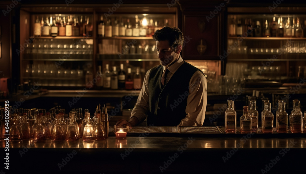 One handsome bartender serving whiskey to adult males at nightclub generated by AI